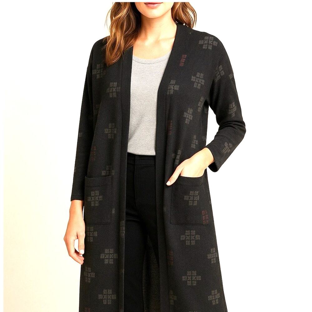 LuLaRoe Womens Black Geometric Print Open Front Duster Cardigan L Cottage Goth